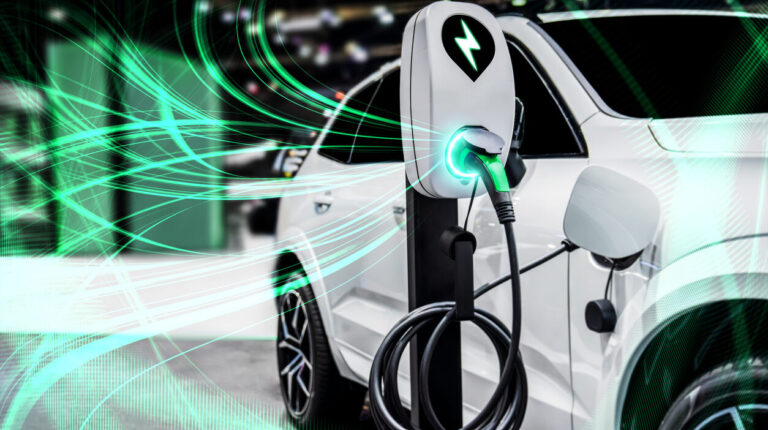 EV charging station for electric car in concept of green energy and eco power produced from sustainable source to supply to charger station in order to reduce CO2 emission.
