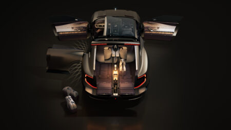 EXP 15 design vision concept - a render of the concept with the doors open and the interior lights on.