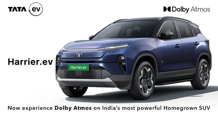 A Tata Motors vehicle with annotations explaining the benefits of the Dolby Atmos sound capabilities in the Harrier.ev.