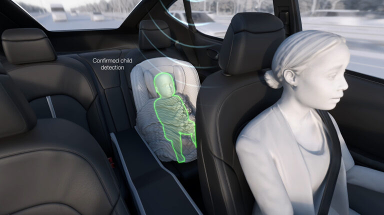 Magna interior sensing systems adopted by five OEMs over the past 18 months An image from a Magna in-cabin safety system showing the driver and a child in a car seat in the second row