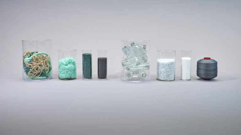 Forthcoming BMW iX3 focuses on sustainability across the entire vehicle lifecycle Some of the sustainable materials used in the BMW iX3 50 xDrive laid out in a line with a grey background