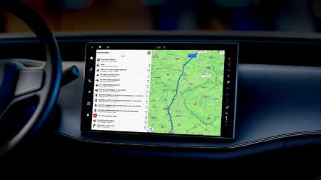 Infotainment displaying a route mapped out with information on the left-hand side.
