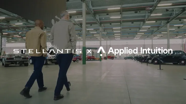 Applied Intuition and Stellantis partner on intelligent in-vehicle infotainment Two people walk through a parking garage, with Stellantis and Applied Intuition brand logos displayed over the top of the image