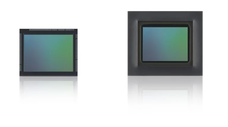 Promo images of the IMX775 RGB-IR image sensor for in-cabin monitoring cameras. Left: bare chip product, Right: package product