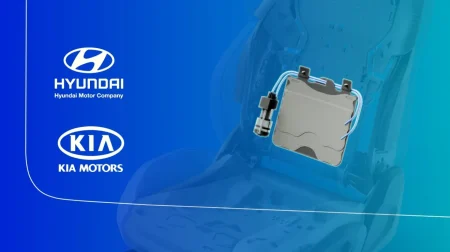 Hyundai, Kia and Forvia brand logos on a blue bakckground with a cutout example of a seating solution