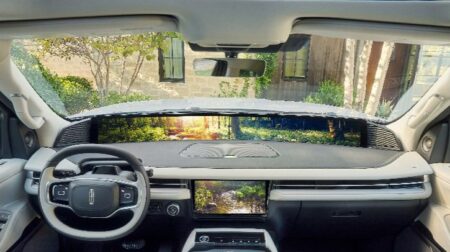 Lincoln Rejuvenate launches Forest Meditation theme for stress reduction The interior of a car that is using Lincoln Rejuvenate's Forest Meditation theme to create a nature-inspired calming environment of water and trees for the driver