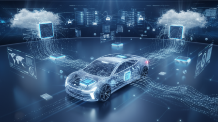 A graphic of a connected vehicle in the middle of a large circle, with digital data and screens around the edge