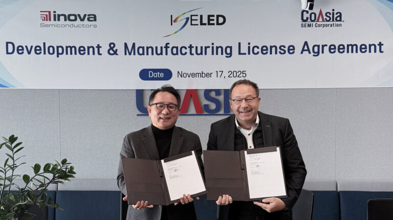 Dong-Soo Shin, CEO of CoAsia Semi and head of the semiconductor division at CoAsia Group (left) and Robert Isele, CEO of Inova Semiconductors, hold the signed production license agreement.