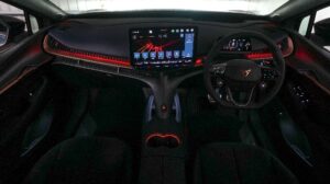 inside the the Cupra Tavascan with red lighting.