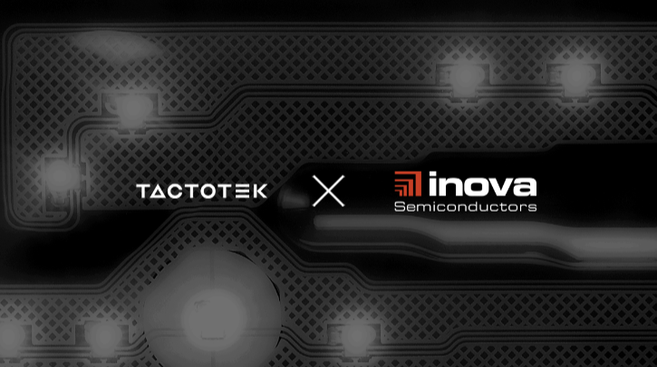 The Inova and TactoTek logos on a mostly black background with blurred lights shining through