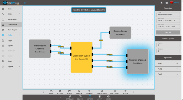 Screenshot of the TeleCANesis Hub showing an industrial distribution layout blueprint