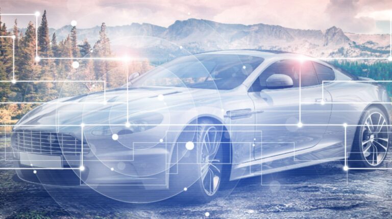 A sporty vehicle in front of a rugged rural setting with digital lines and points overlayed to show next-gen connectivity and software capabilities