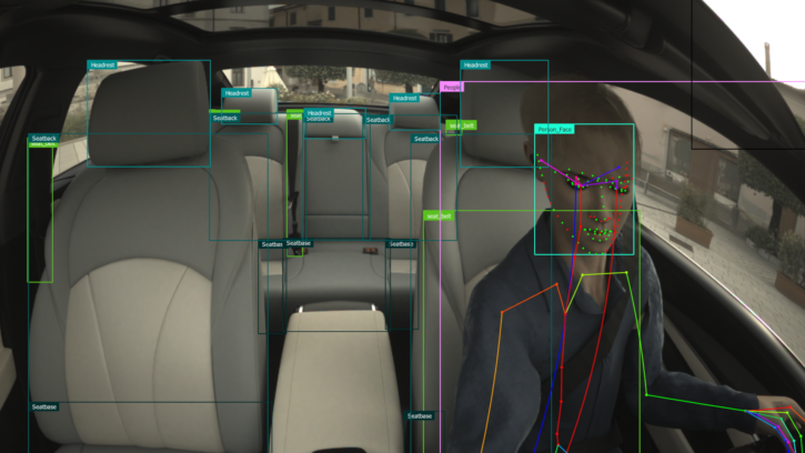 GMV adds Anyverse’s synthetic data expertise to its in-cabin monitoring A test dummy in a vehicle, with green digital information on top of the image