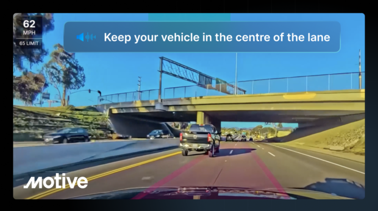 Motive launches AI-powered driver safety features to predict accidents before they happen A screenshot of the AI-powered Lane Swerving Detection system by Motive, with vehicles driving along a quiet highway on a sunny day