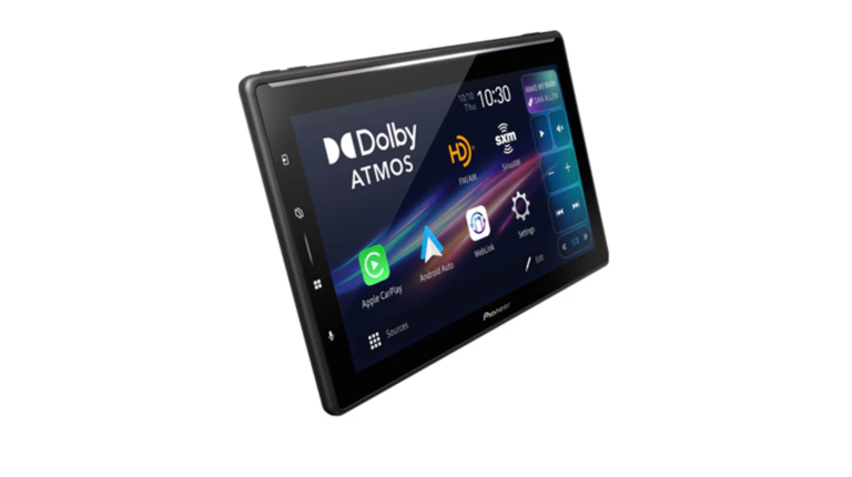 Promo photo of Pioneer's Sphera aftermarket solution display on a tablet display device, against a white background