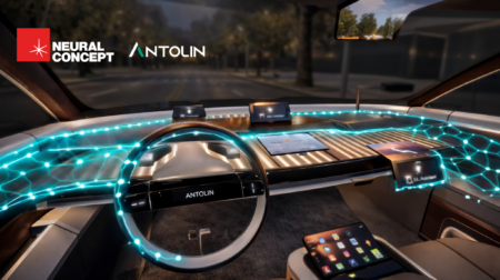Antolin and Neural Concept collaborate to advance interior design through AI-powered engineering An automobile dash with a range of touchscreen displays and neon lights conveying how AI can assist in their design.