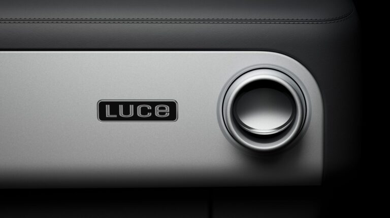 Interior close-up of a panel in the new all-electric Ferrari Luce, which spells out the model's name