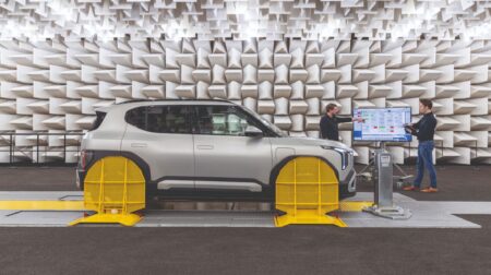 Kia focuses on NVH reduction in EV2 development The Kia EV2 undergoes NVH testing in a laboratory environment.