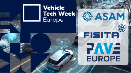 Vehicle Tech Week Europe announces strategic partnerships with PAVE Europe, ASAM and FISITA Vehicle Tech Week Europe logo and company logos for ASAM, FISITA and PAVE Europe on an image depicting a city street of connected vehicles and infrastructure.