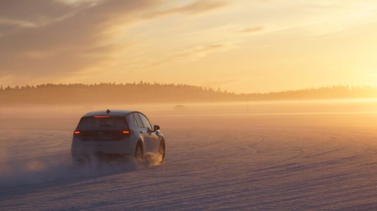 Rivian-Volkswagen joint venture completes SDV architecture winter testing An RV Tech vehicle undergoes winter testing, driving across a snow covered landscape with a low sun in the sky in the distance.