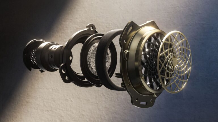 Bentley launches Naim for Mulliner premium audio with Dolby Atmos and Fraunhofer Symphoria technology A speaker separated into its constituent parts in a promo pic with a grey and gold background.