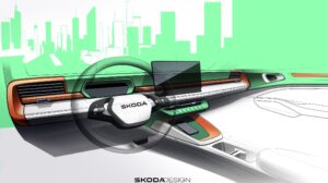 Design sketch of the interior dash, steering wheel and windshield in the new Škoda Epiq electric SUV.