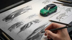 A Lepas designer draws on a piece of white paper. There are several sketches of vehicles.