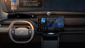 Dashboard of a Volvo vehicle with Google systems displayed on the touchscreen.