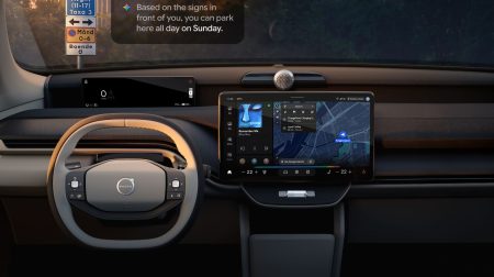 Volvo and Google collaborate on contextually aware AI driving experiences Dashboard of a Volvo vehicle with Google systems displayed on the touchscreen.