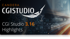 Candera Candera CGI Studio 3.16 logos on top of a stylised image of an urban environment and highway.