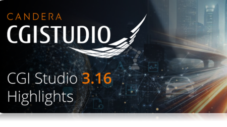 Candera unveils “smarter and faster” CGI Studio 3.16 HMI development software Candera Candera CGI Studio 3.16 logos on top of a stylised image of an urban environment and highway.