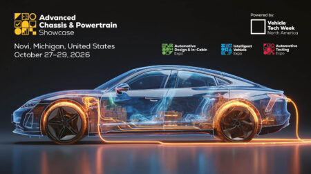 A vehicle with lights demonstrating its connectivity, with Vehicle Tech Week logos on top.
