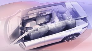 A pink and purple sketch of the interior of the new Škoda Peaq.
