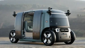 Profile photo of the grey Zoox robotaxi.