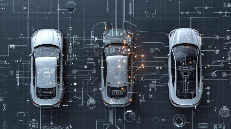 Three software-defined vehicles parked in parallel on a large circuit board with orange dots demonstrating their software and connectivity.