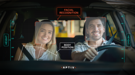 Two people in the front seats of a vehicle with digital information overlaid demonstrating how the occupant detection system works.
