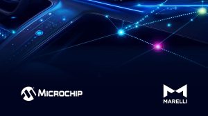 Digital display and center consoles in a software-defined vehicle, with the Marelli and Microchip logos in the corners of the image.