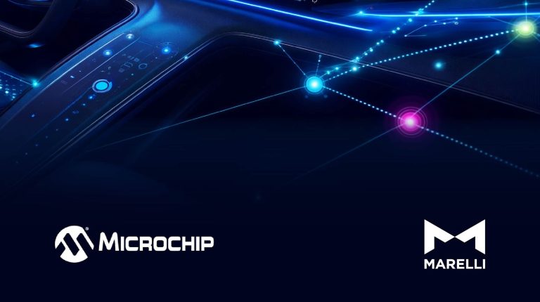 Marelli and Microchip partner on ASA-ML display connectivity solution Digital display and center consoles in a software-defined vehicle, with the Marelli and Microchip logos in the corners of the image.