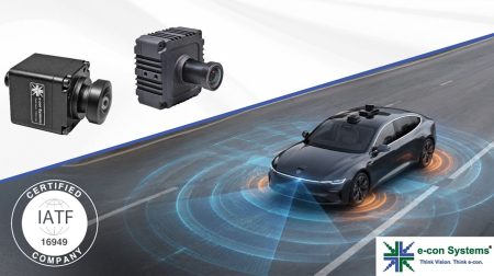 E-Con Systems earns IATF 16949: 2016 certification Automotive cameras and a diagram of a vehicle with orange circles around the wheels and underneath to demonstrate its sensors.